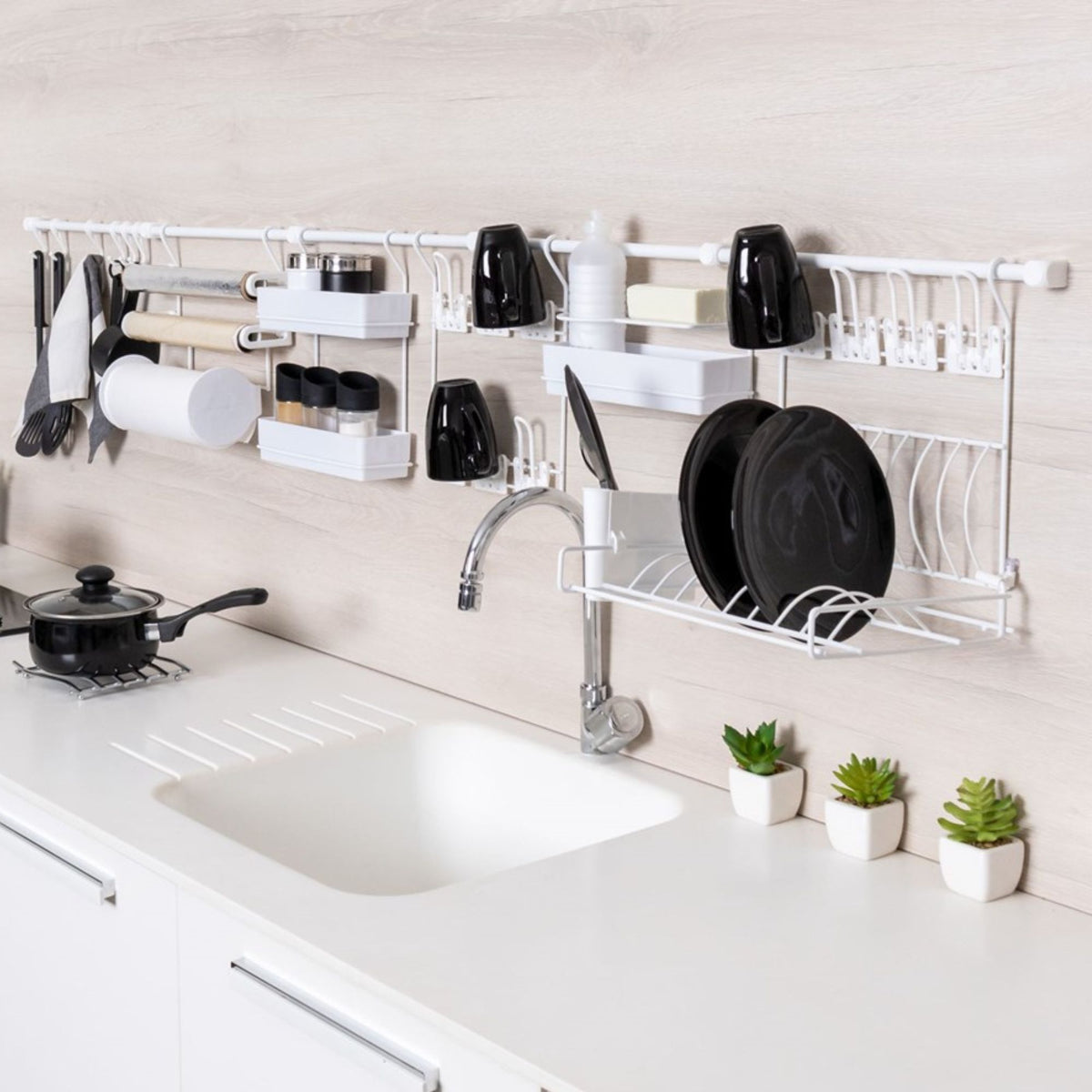 Kit Cozinha Suspensa Escorredor Louça de Parede Kit 14 Porta Copos Talheres Temperos Papel Toalha