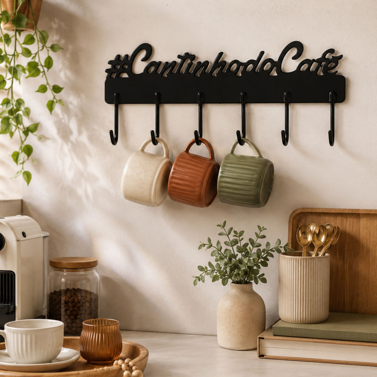 Gancho Cantinho do Café Preto de Parede Porta Xícaras Canecas Organizador Cozinha