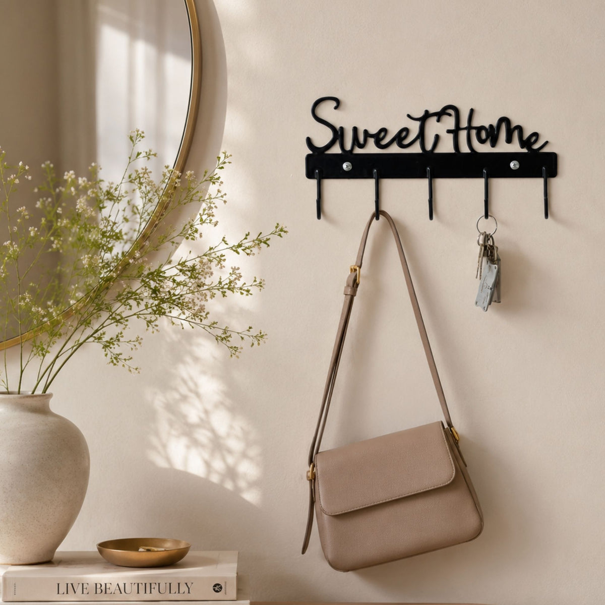 Porta Chaves e Bolsas de Parede Sweet Home com Ganchos Preto Organizador