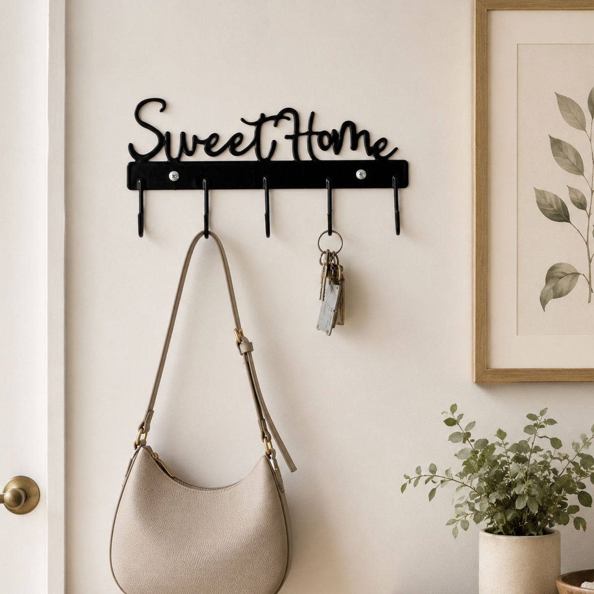 Porta Chaves e Bolsas de Parede Sweet Home com Ganchos Preto Organizador
