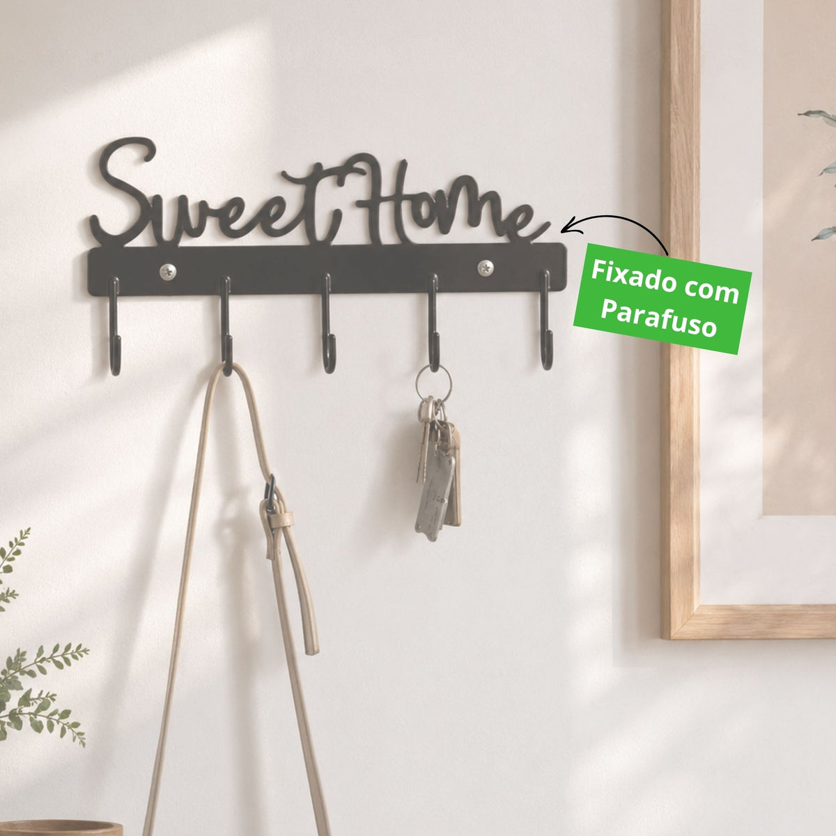 Porta Chaves e Bolsas de Parede Sweet Home com Ganchos Preto Organizador