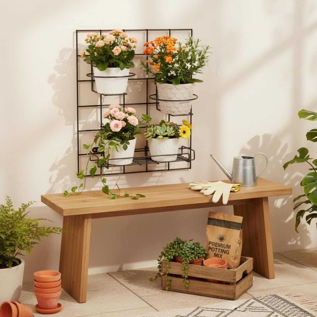 Kit Tela Decorativa Pequena com Suportes para Vaso e Prateleira Aramada para Jardim Vertical