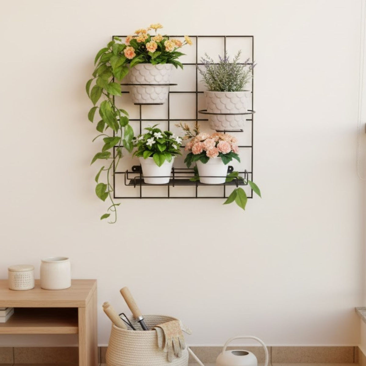 Kit Tela Decorativa Pequena com Suportes para Vaso e Prateleira Aramada para Jardim Vertical