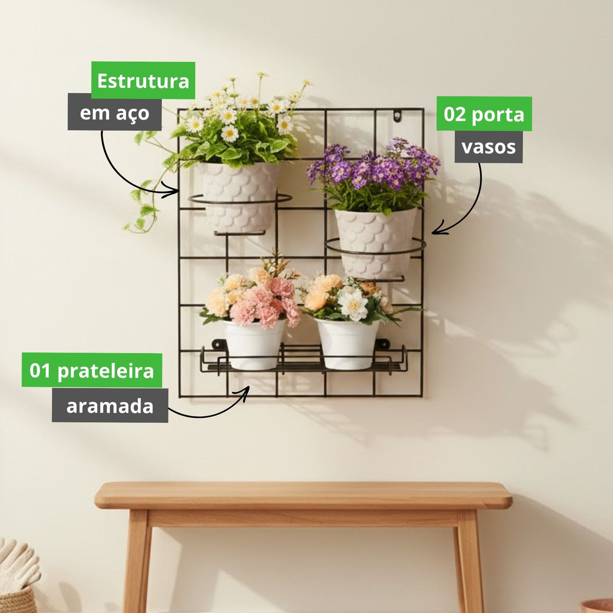 Kit Tela Decorativa Pequena com Suportes para Vaso e Prateleira Aramada para Jardim Vertical