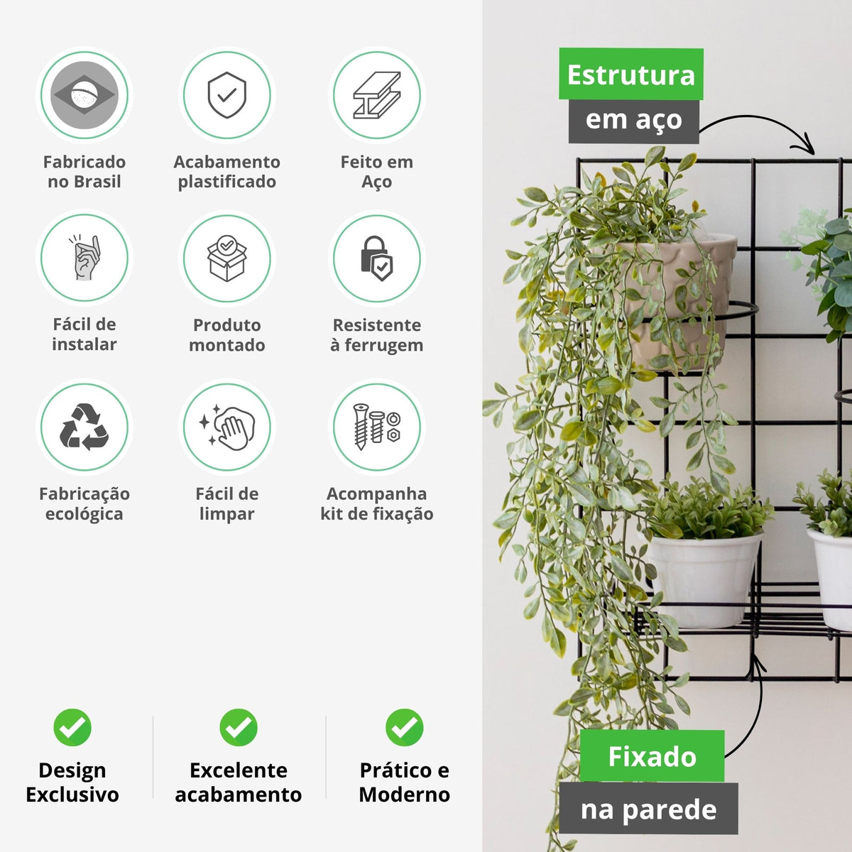 Kit Tela Decorativa Pequena com Suportes para Vaso e Prateleira Aramada para Jardim Vertical
