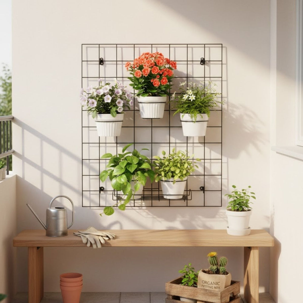 Kit Tela Decorativa Grande com Suportes para Vaso e Prateleira Aramada para Jardim Vertical