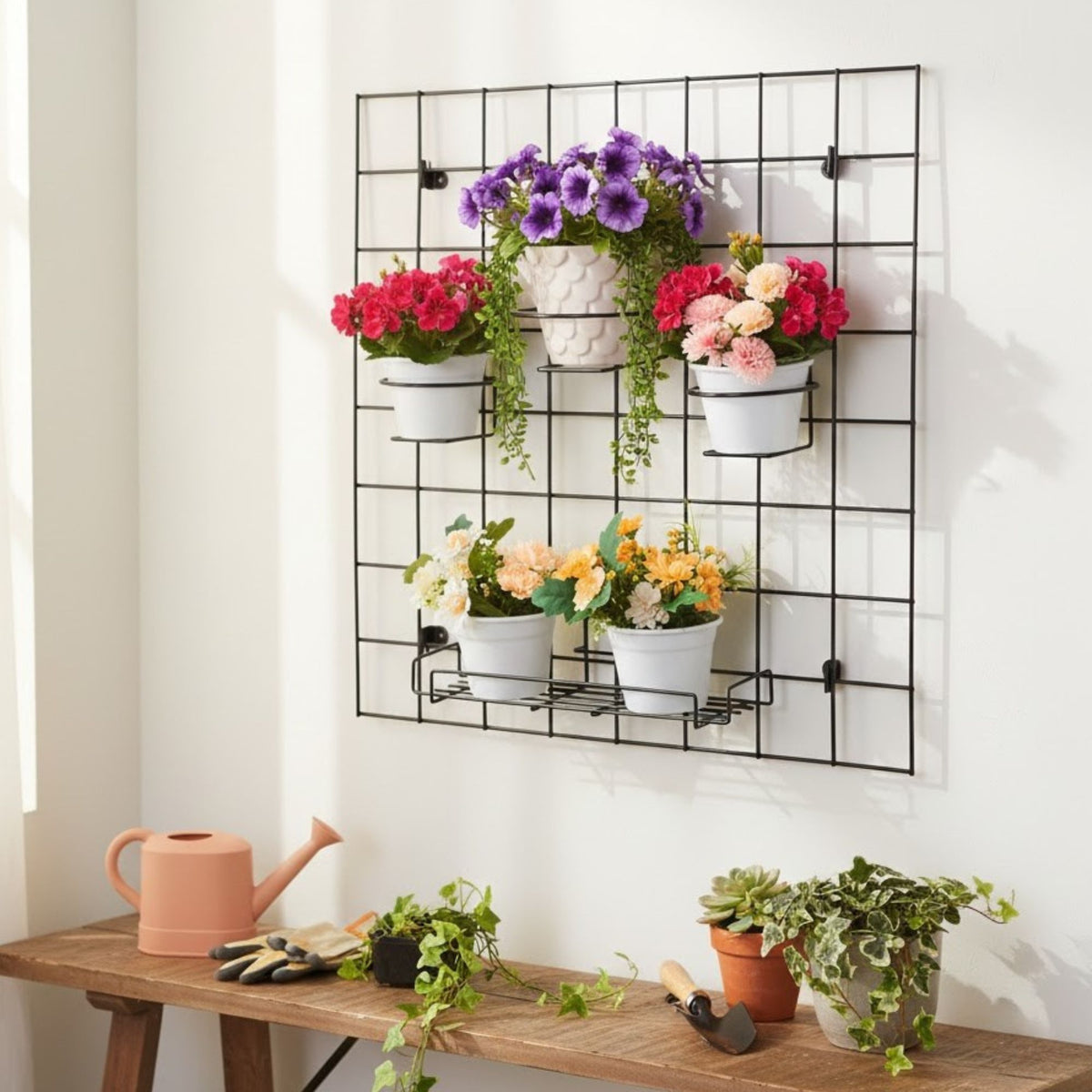 Kit Tela Decorativa Grande com Suportes para Vaso e Prateleira Aramada para Jardim Vertical