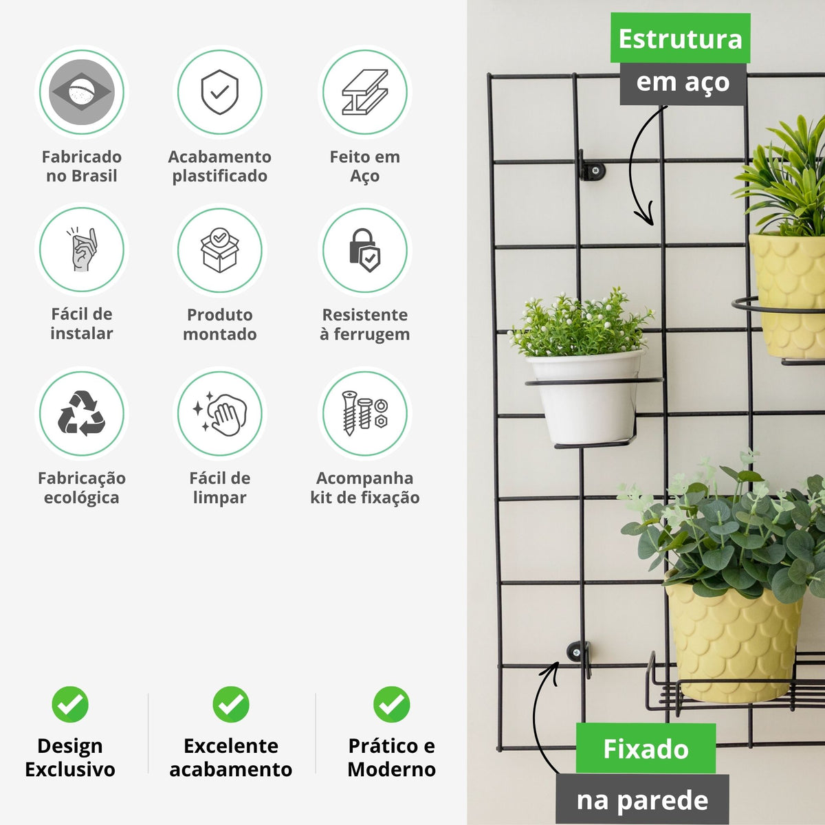 Kit Tela Decorativa Grande com Suportes para Vaso e Prateleira Aramada para Jardim Vertical