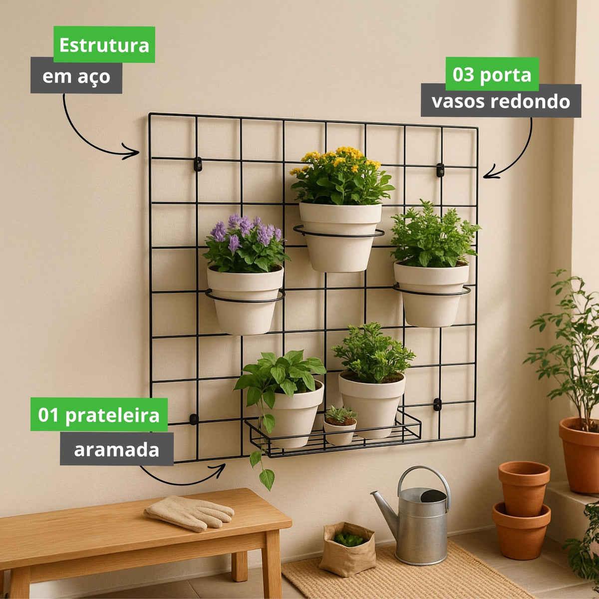 Kit Tela Decorativa Grande com Suportes para Vaso e Prateleira Aramada para Jardim Vertical