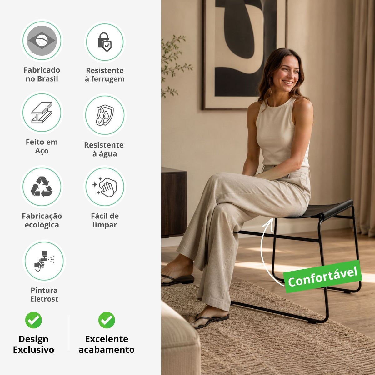 Banco Curvy Aramado Preto com Assento em Couro Decorativo Moderno para Sala, Quarto e Hall