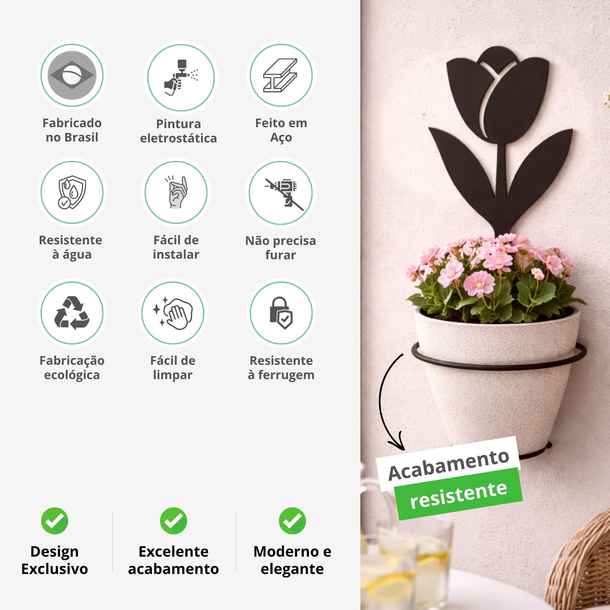 Suporte para Planta de Parede Flor – Porta Vaso Decorativo em Aço para Jardim, Varanda e Área Gourmet