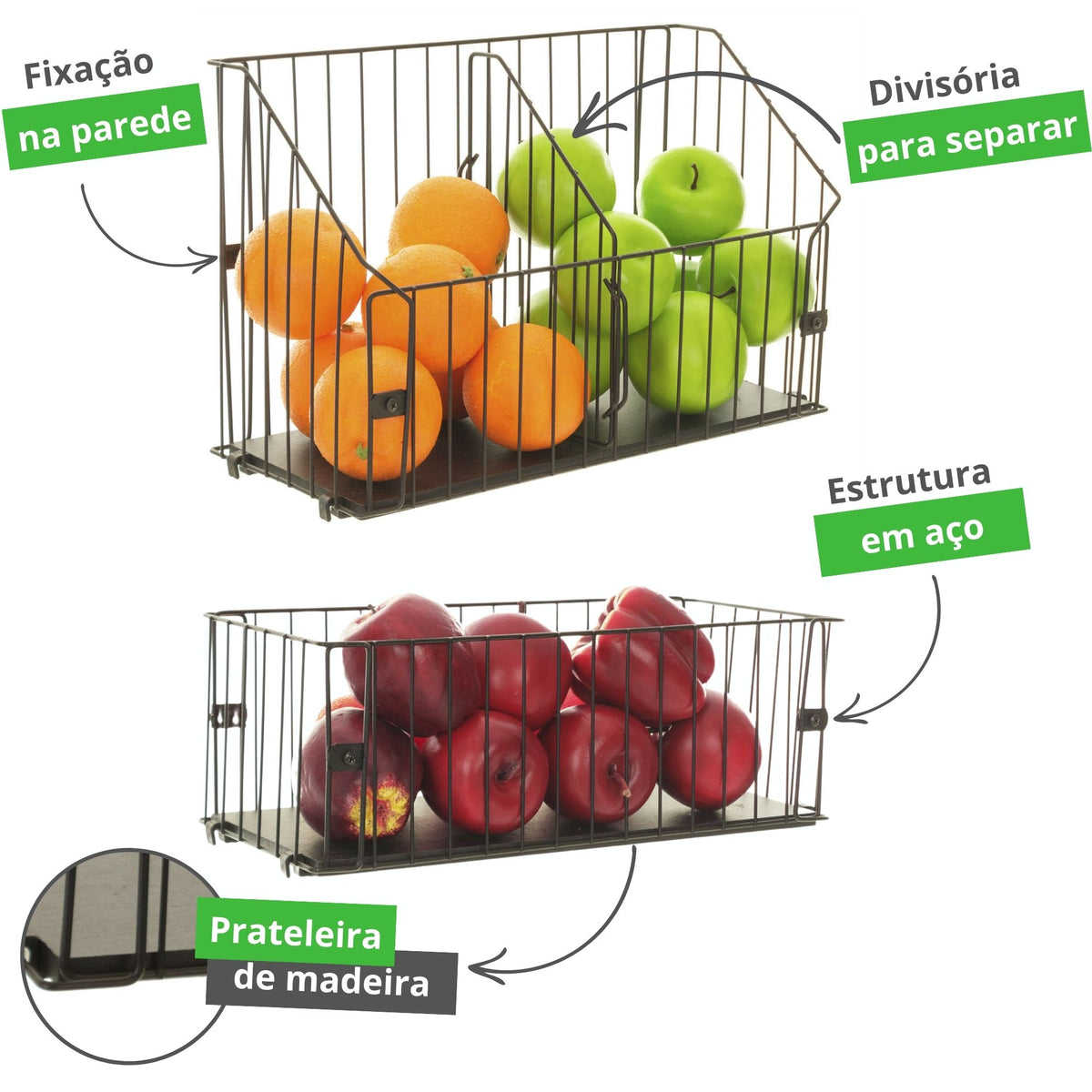 Fruteira de Parede Aramado Cozinha Cesto Frutas Kit 1P e 1G