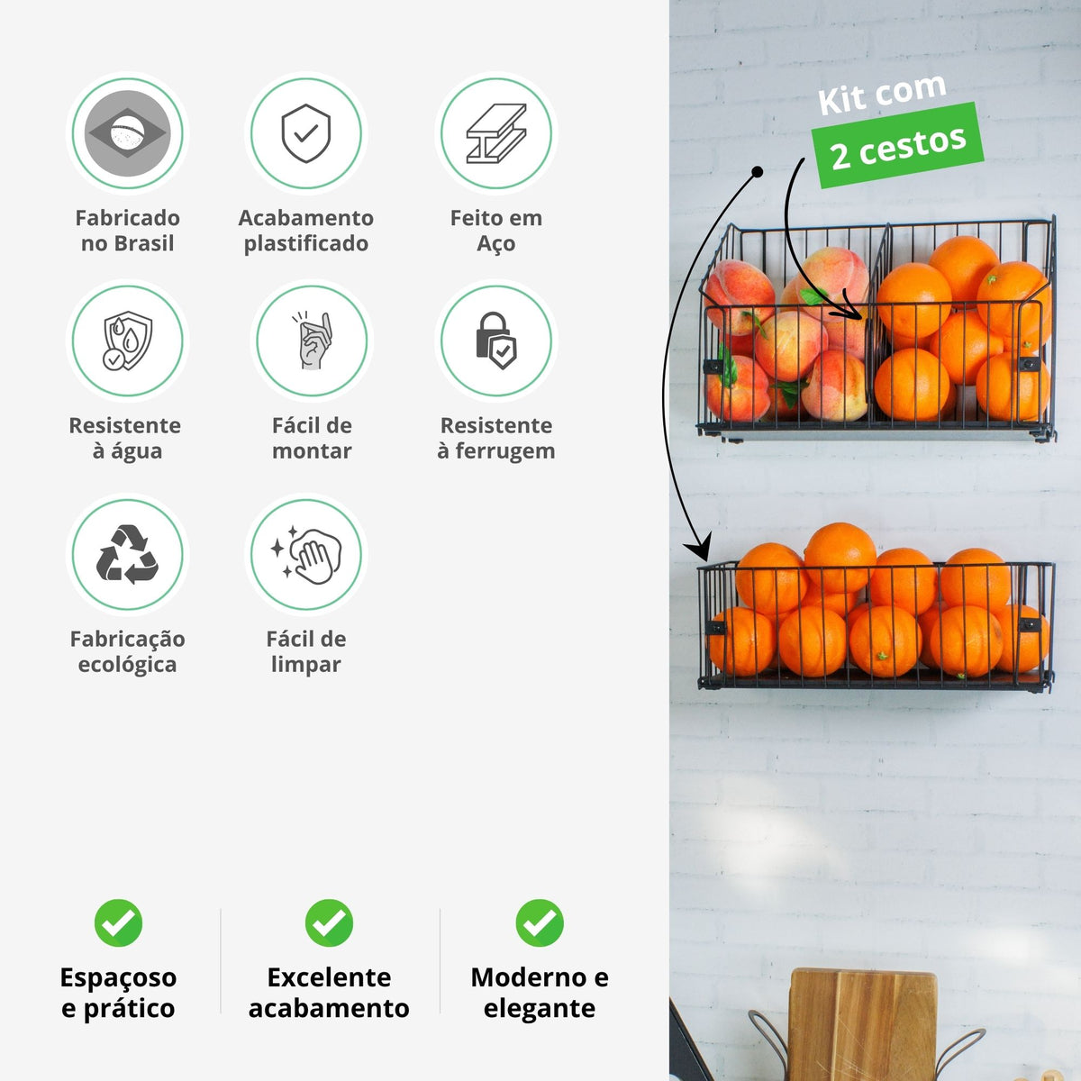 Fruteira de Parede Aramado Cozinha Cesto Frutas Kit 1P e 1G