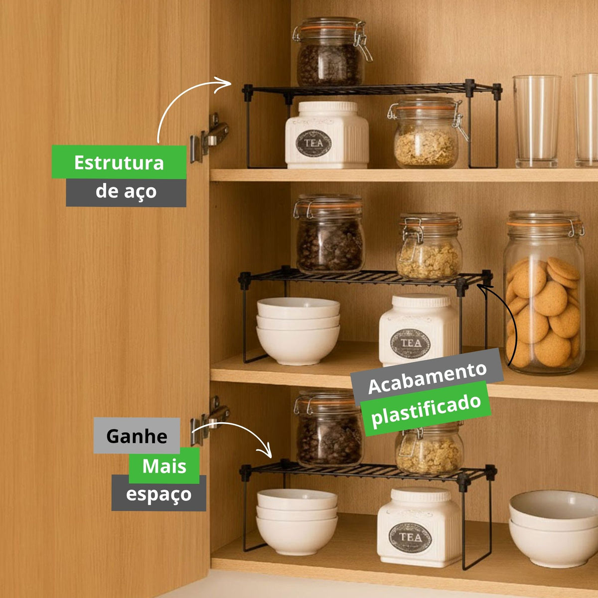Kit 3 Organizadores de Armário Multiuso Aço Aramado – Prateleira para Cozinha e Louças