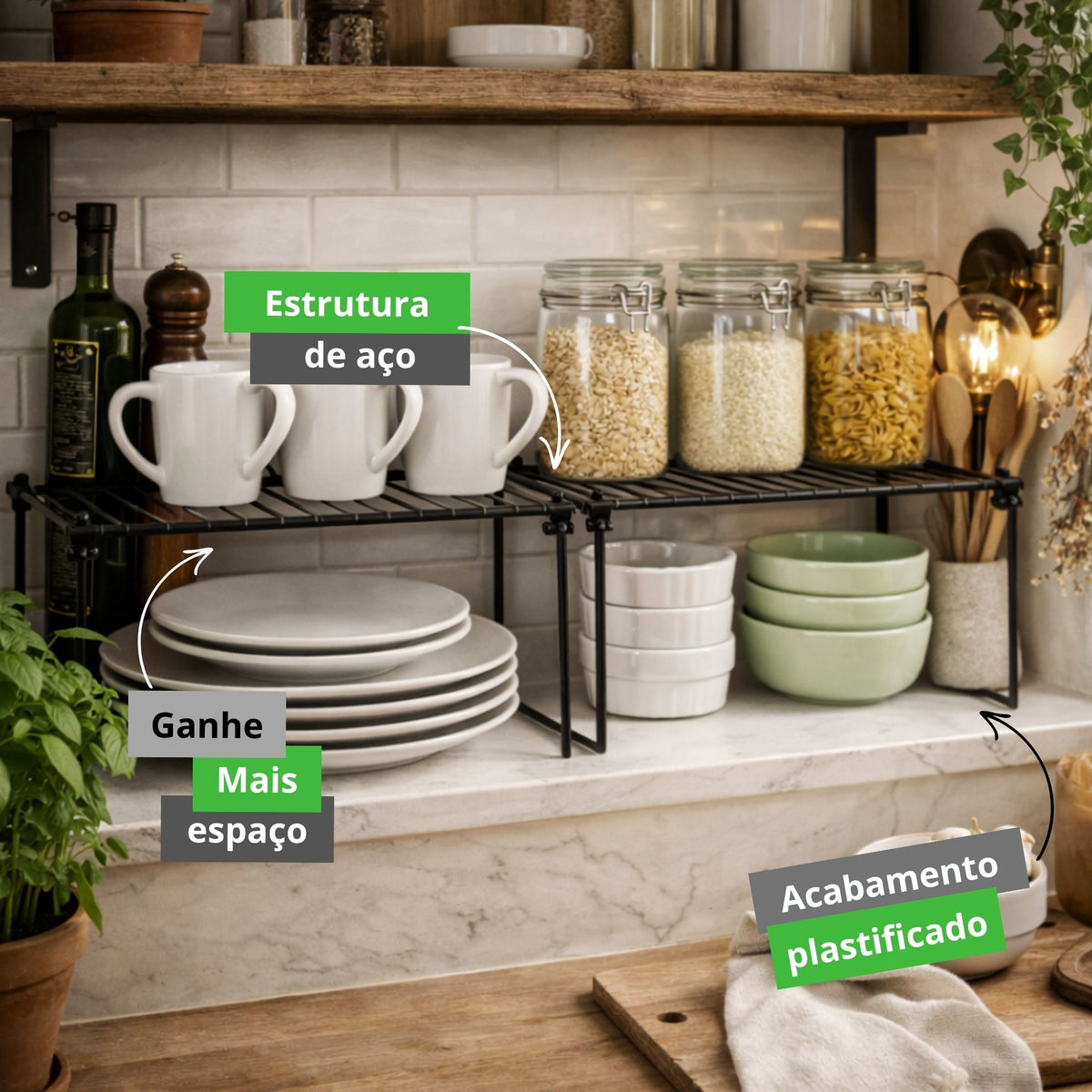 Kit 2 Organizadores de Armário Empilháveis Multiuso Prateleira Aramada Cozinha Louças