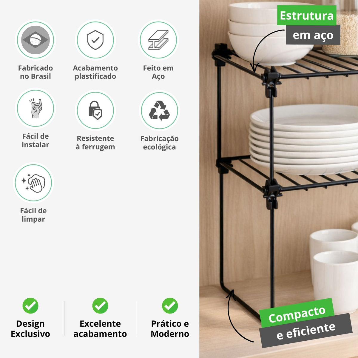Kit 2 Organizadores de Armário Empilháveis Multiuso Prateleira Aramada Cozinha Louças