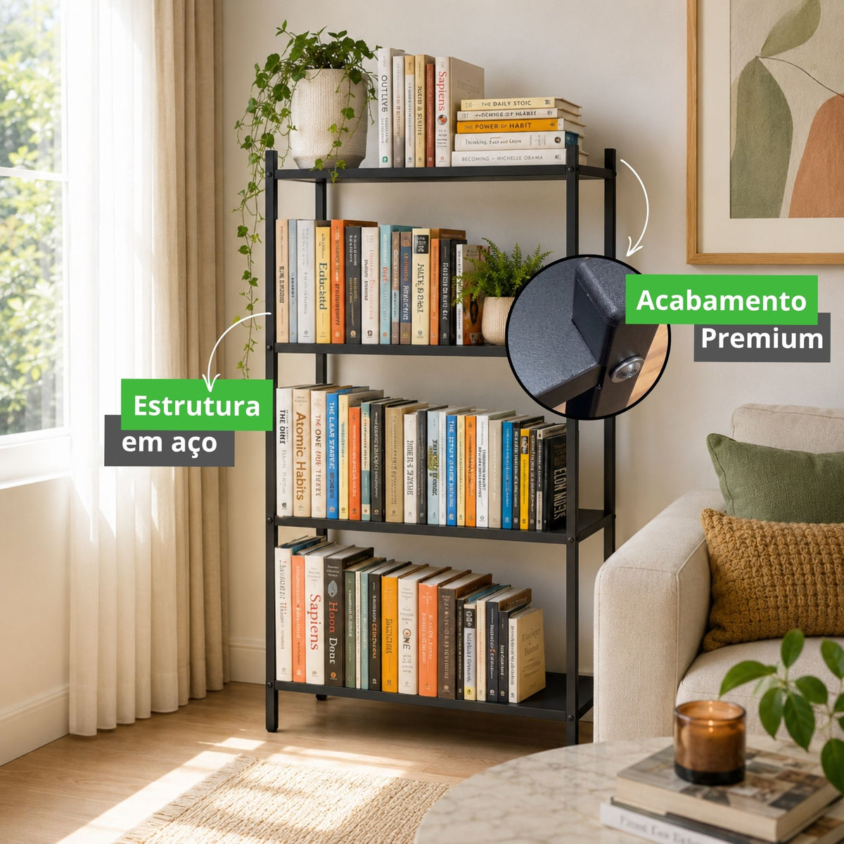 Estante Industrial Multiuso e Livros 4 Prateleiras Aço Madeira