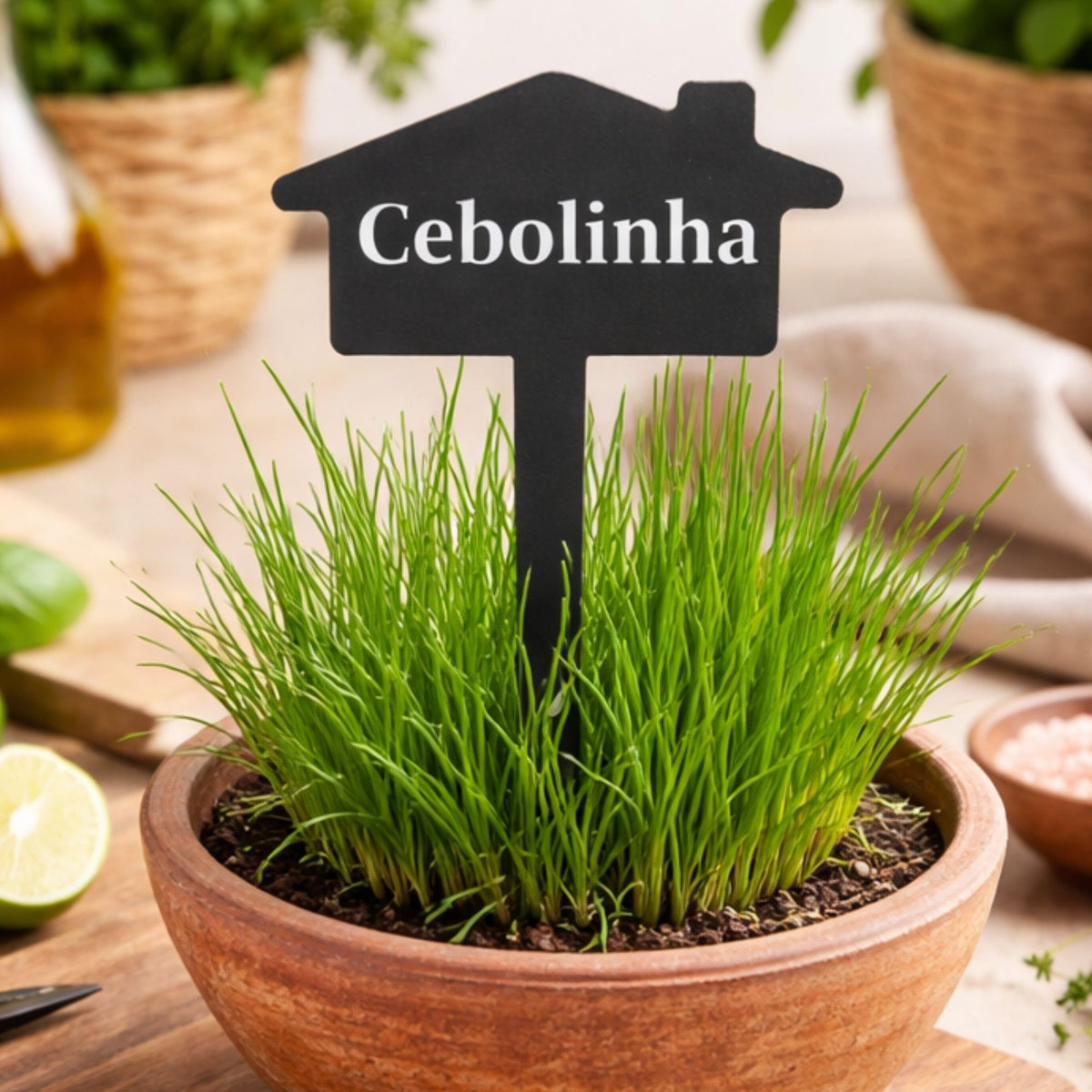 Plaquinha Identificadora para Plantas Cebolinha – Marcador Decorativo para Horta, Vaso e Jardim em Aço