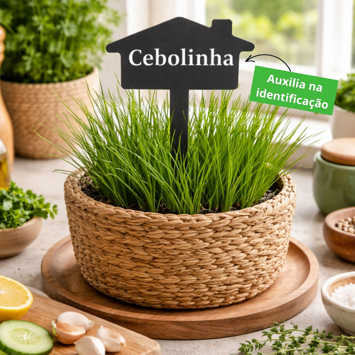 Plaquinha Identificadora para Plantas Cebolinha – Marcador Decorativo para Horta, Vaso e Jardim em Aço