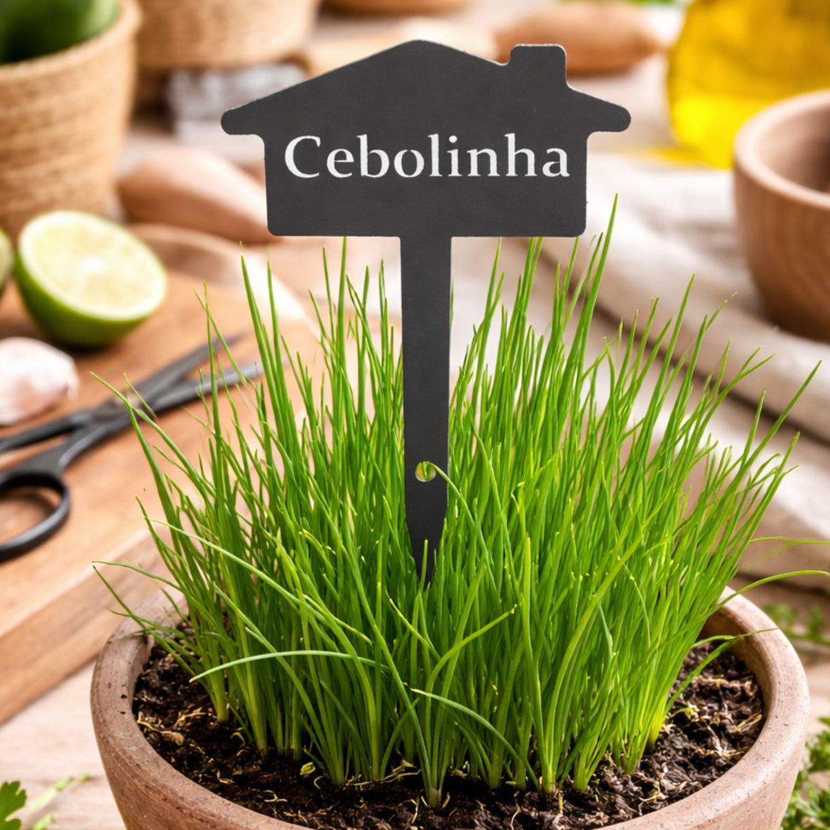 Plaquinha Identificadora para Plantas Cebolinha – Marcador Decorativo para Horta, Vaso e Jardim em Aço