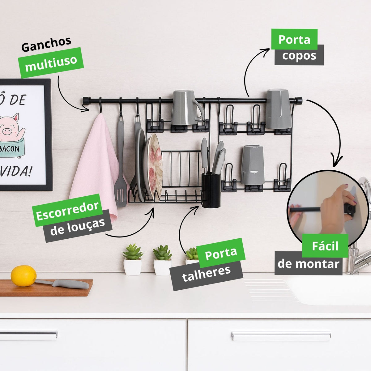 Cook Premium Organizador Aramado de Parede para Cozinha – Porta Temperos e Utensílios Kit 4