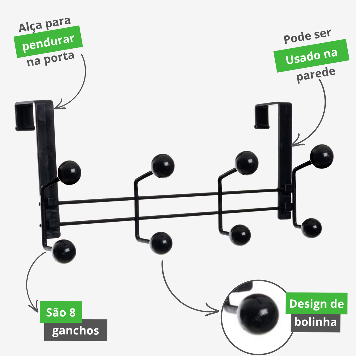 Gancho de Parede e Porta 8 Ganchos – Cabideiro Multiuso para Pendurar Roupas e Toalhas