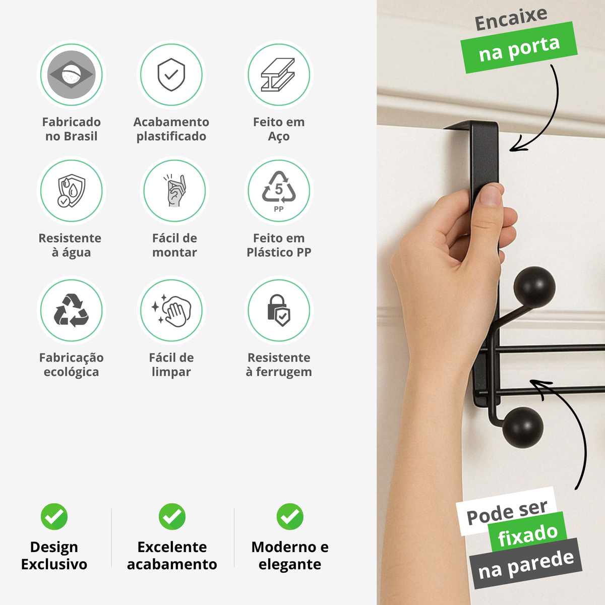 Gancho de Parede e Porta 8 Ganchos – Cabideiro Multiuso para Pendurar Roupas e Toalhas
