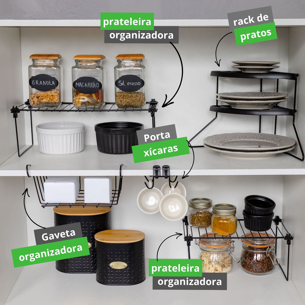 Kit Organizador de Armário de Cozinha 5 Peças – Organizadores Aramados para Prateleiras