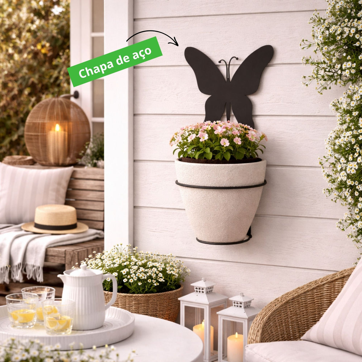Suporte para Planta de Parede Borboleta – Porta Vaso Decorativo em Aço para Jardim, Varanda e Área Gourmet
