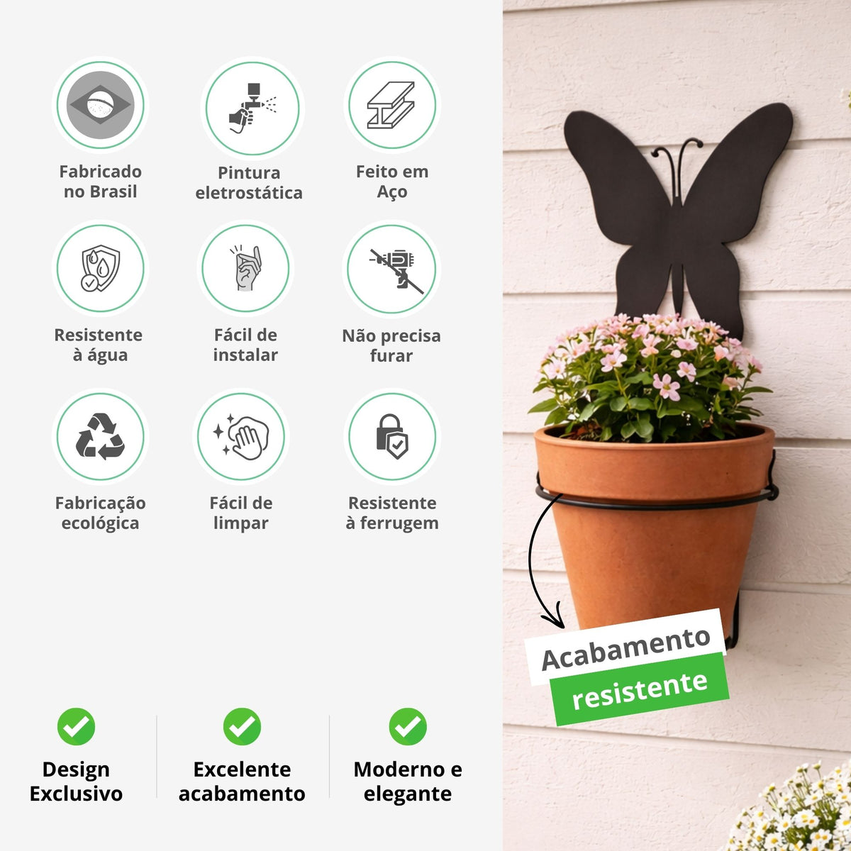 Suporte para Planta de Parede Borboleta – Porta Vaso Decorativo em Aço para Jardim, Varanda e Área Gourmet