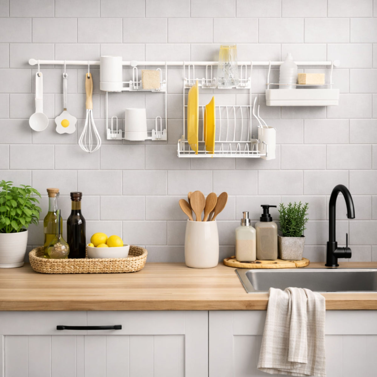 Escorredor de Louça de Parede com Porta Copos, Ganchos e Porta Detergente – Kit Cozinha Suspensa Kit 6