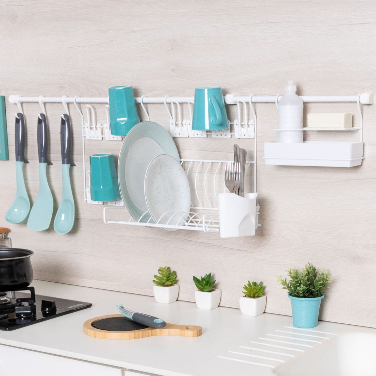 Escorredor de Louça de Parede com Porta Copos, Ganchos e Porta Detergente – Kit Cozinha Suspensa Kit 6