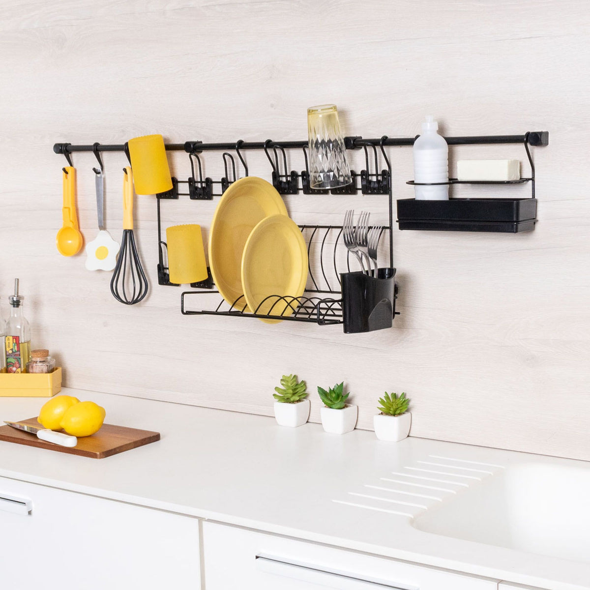 Escorredor de Louça de Parede com Porta Copos, Ganchos e Porta Detergente – Kit Cozinha Suspensa Kit 6