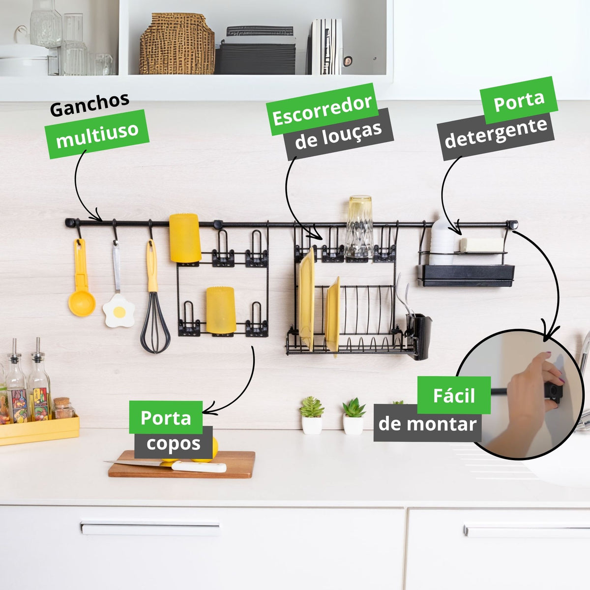 Escorredor de Louça de Parede com Porta Copos, Ganchos e Porta Detergente – Kit Cozinha Suspensa Kit 6