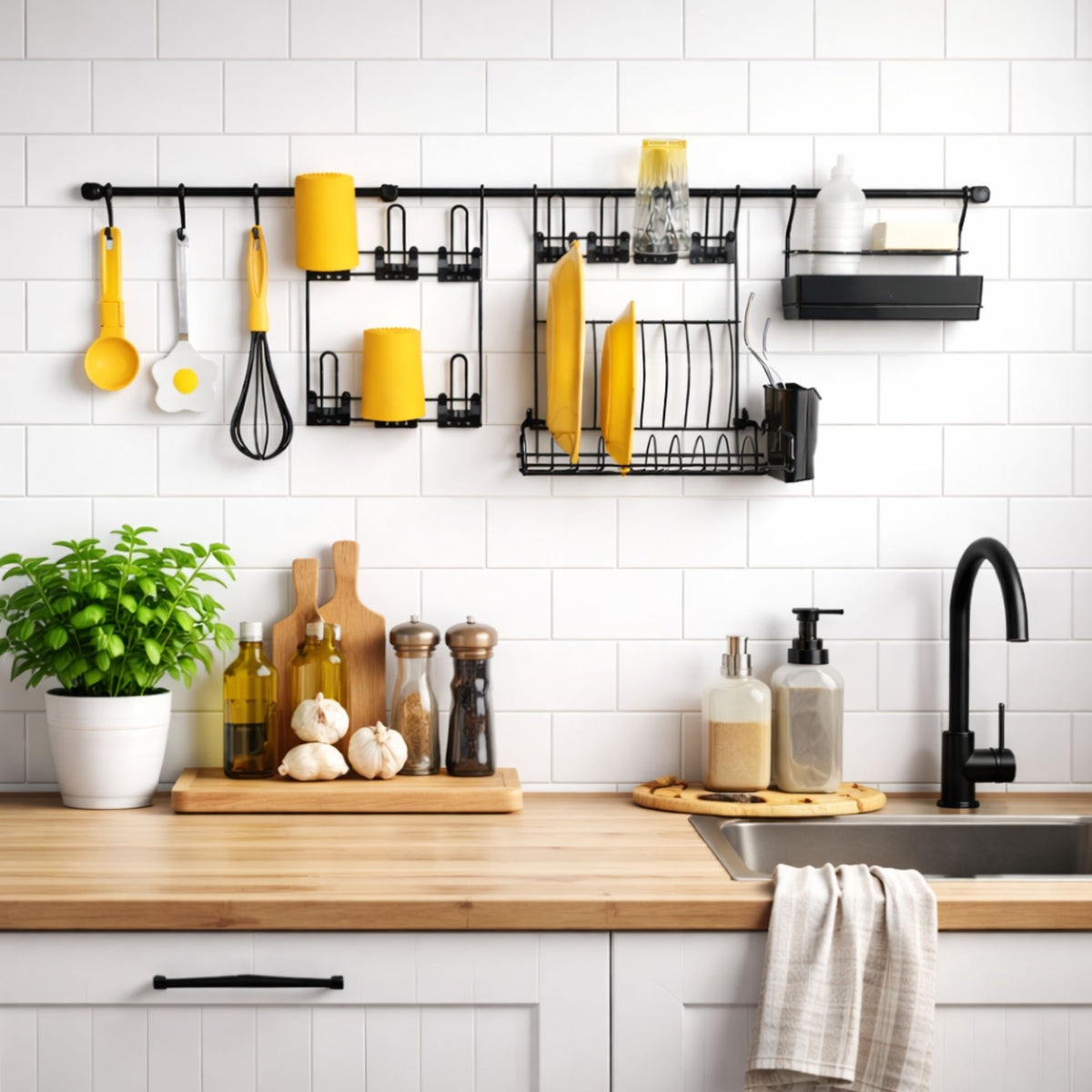 Escorredor de Louça de Parede com Porta Copos, Ganchos e Porta Detergente – Kit Cozinha Suspensa Kit 6