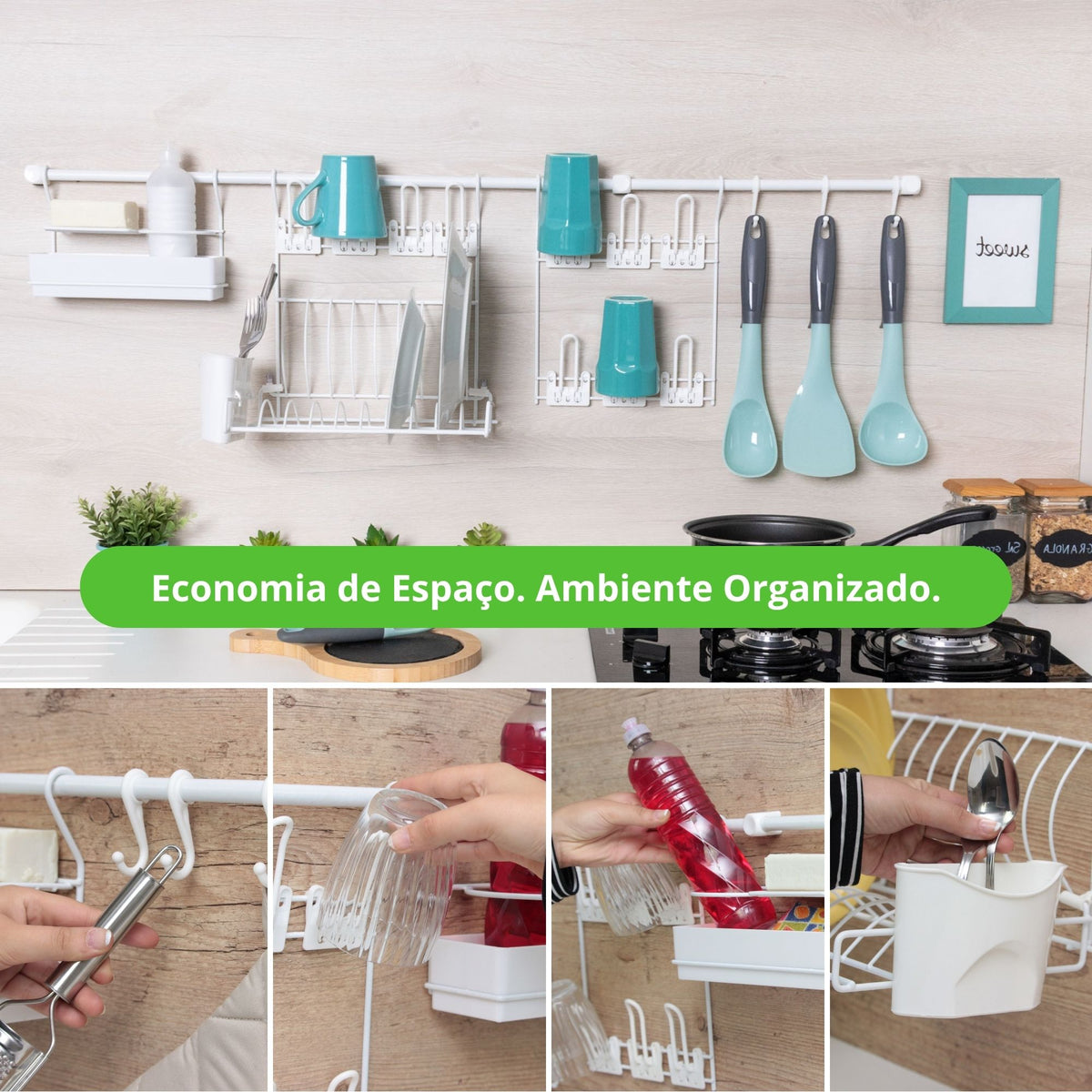 Escorredor de Louça de Parede com Porta Copos, Ganchos e Porta Detergente – Kit Cozinha Suspensa Kit 6