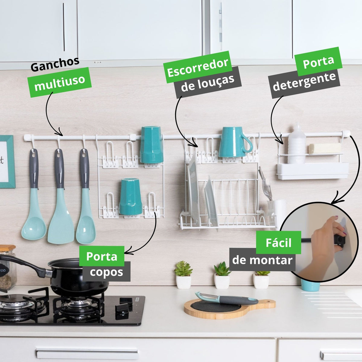 Escorredor de Louça de Parede com Porta Copos, Ganchos e Porta Detergente – Kit Cozinha Suspensa Kit 6
