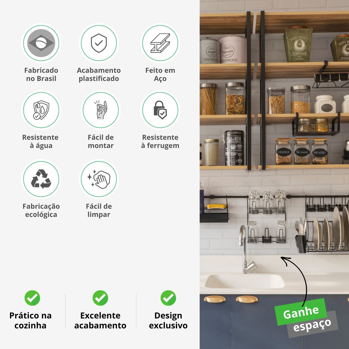 Escorredor de Louça de Parede com Porta Copos, Ganchos e Porta Detergente – Kit Cozinha Suspensa Kit 6