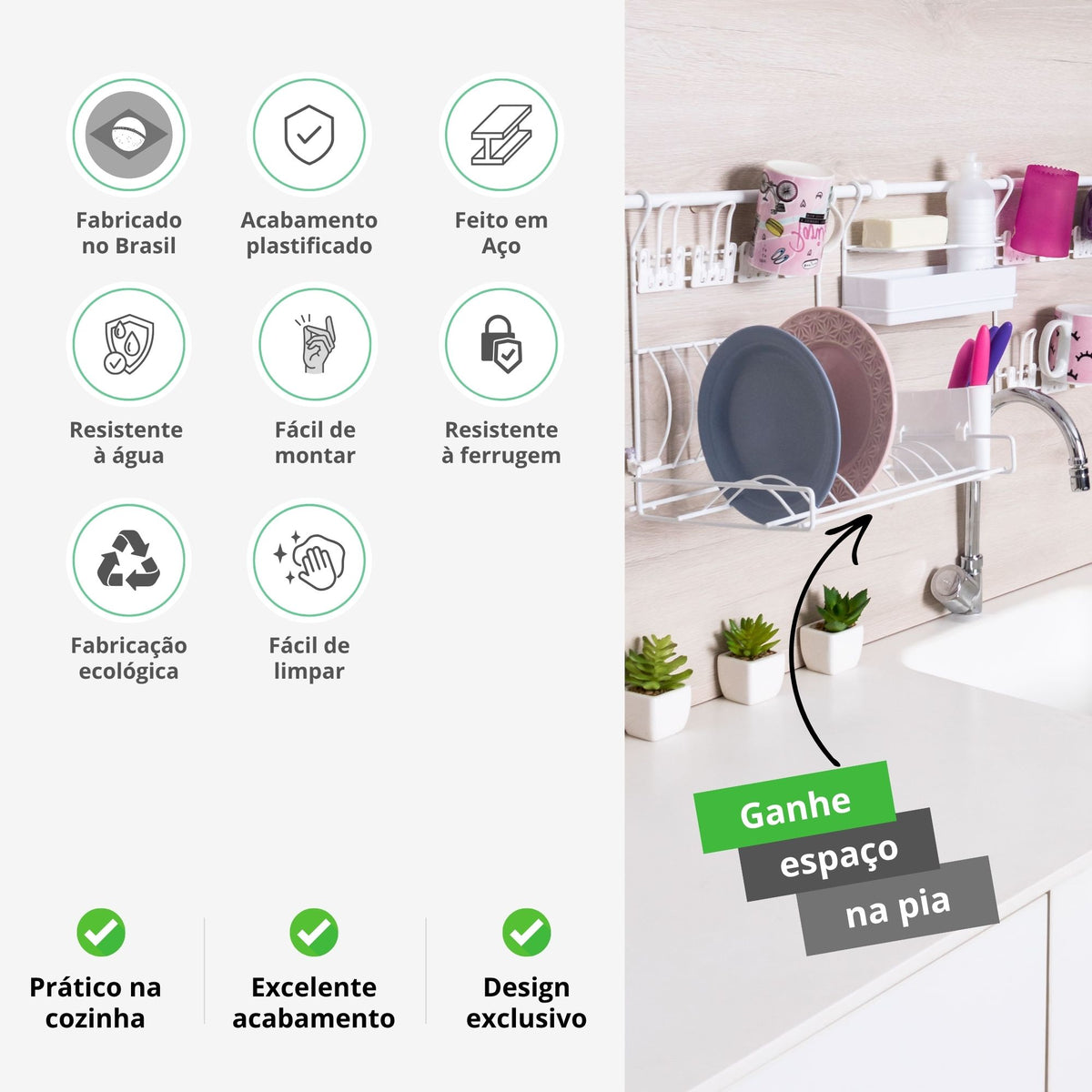Escorredor de Louça de Parede com Porta Copos, Ganchos e Porta Detergente – Kit Cozinha Suspensa Kit 6