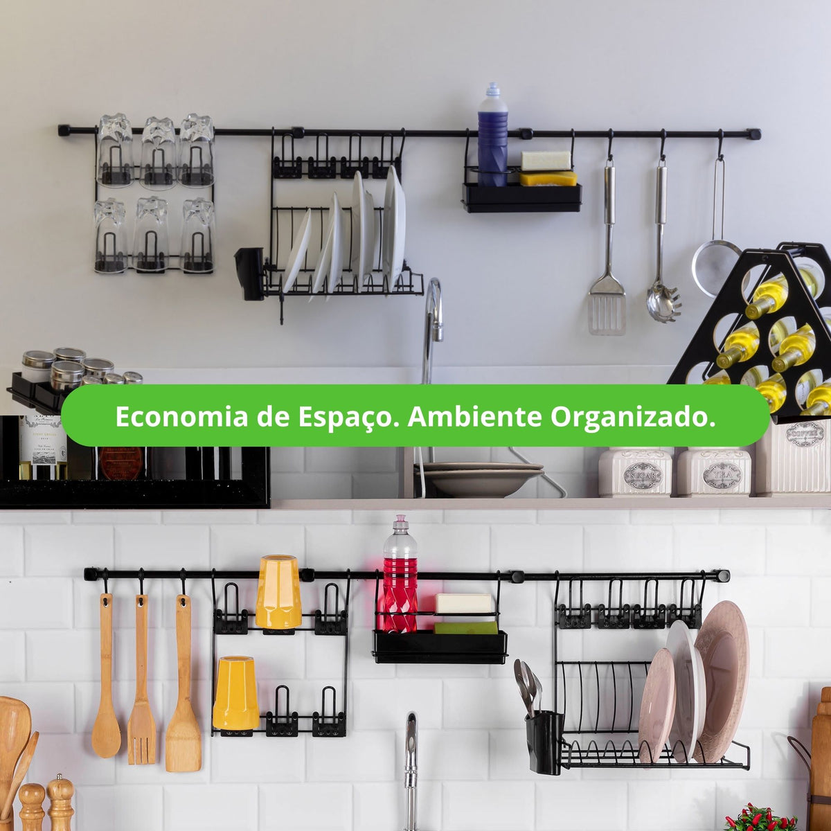 Escorredor de Louça de Parede com Porta Copos, Ganchos e Porta Detergente – Kit Cozinha Suspensa Kit 6