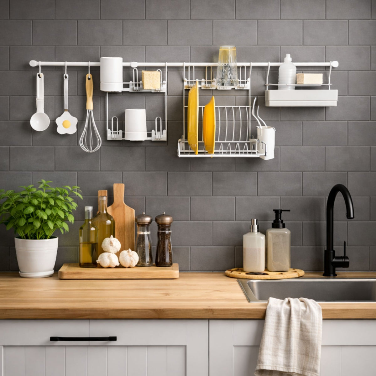 Escorredor de Louça de Parede com Porta Copos, Ganchos e Porta Detergente – Kit Cozinha Suspensa Kit 6