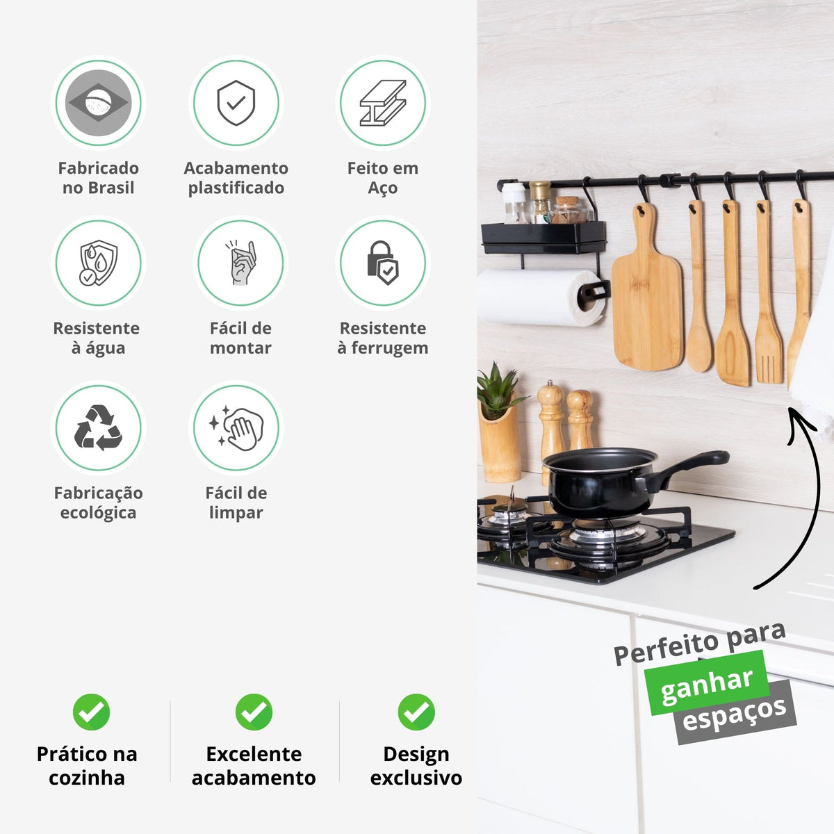 Organizador de Cozinha Suspenso com Porta Temperos e Ganchos – Suporte de Parede Multiuso Kit 2