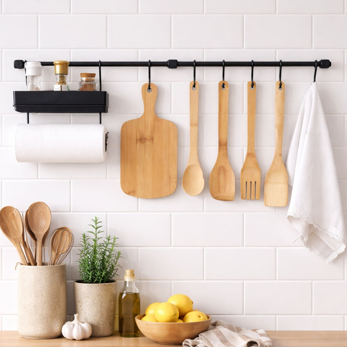 Organizador de Cozinha Suspenso com Porta Temperos e Ganchos – Suporte de Parede Multiuso Kit 2