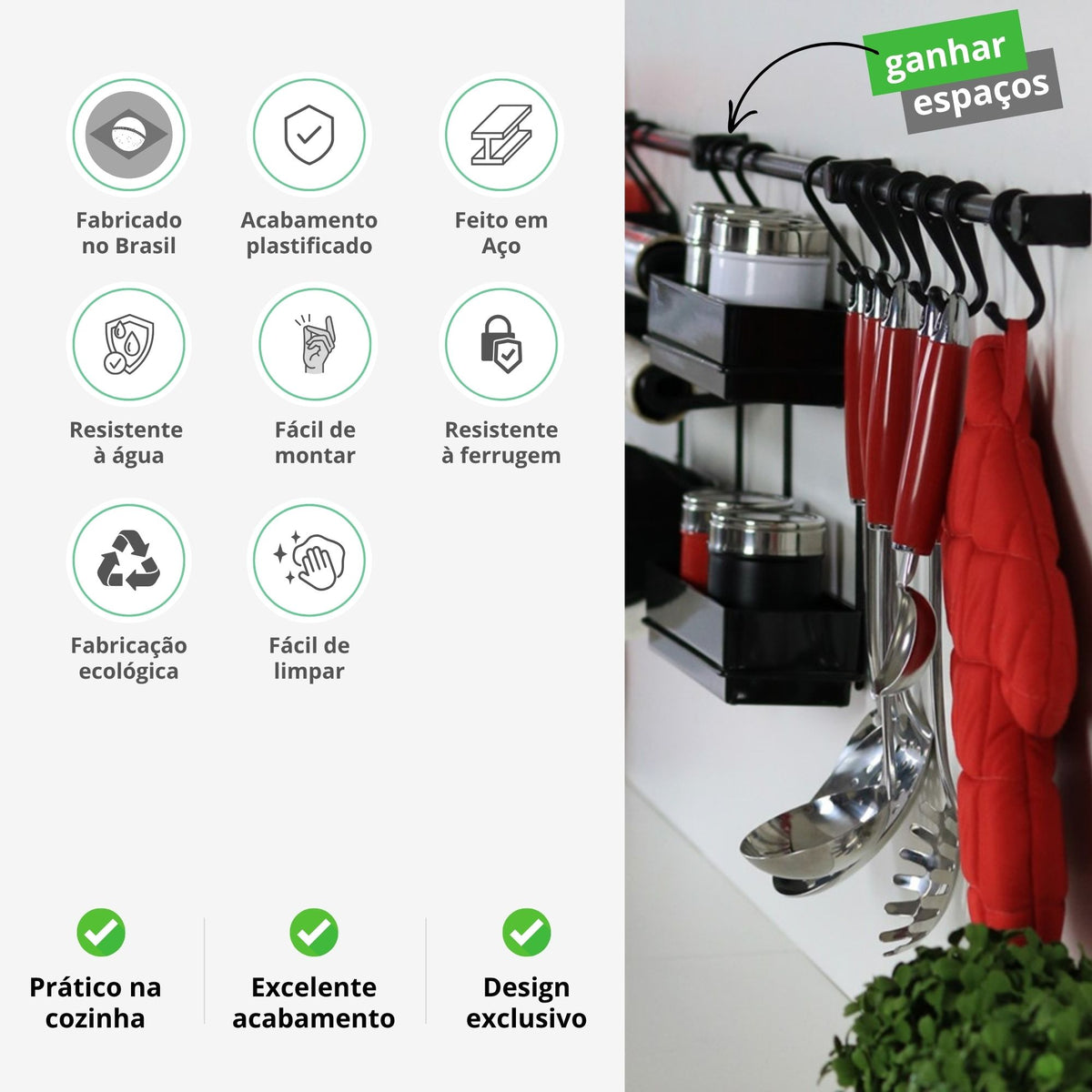 Kit Cozinha Suspensa Escorredor Louça de Parede Kit 14 Porta Copos Talheres Temperos Papel Toalha