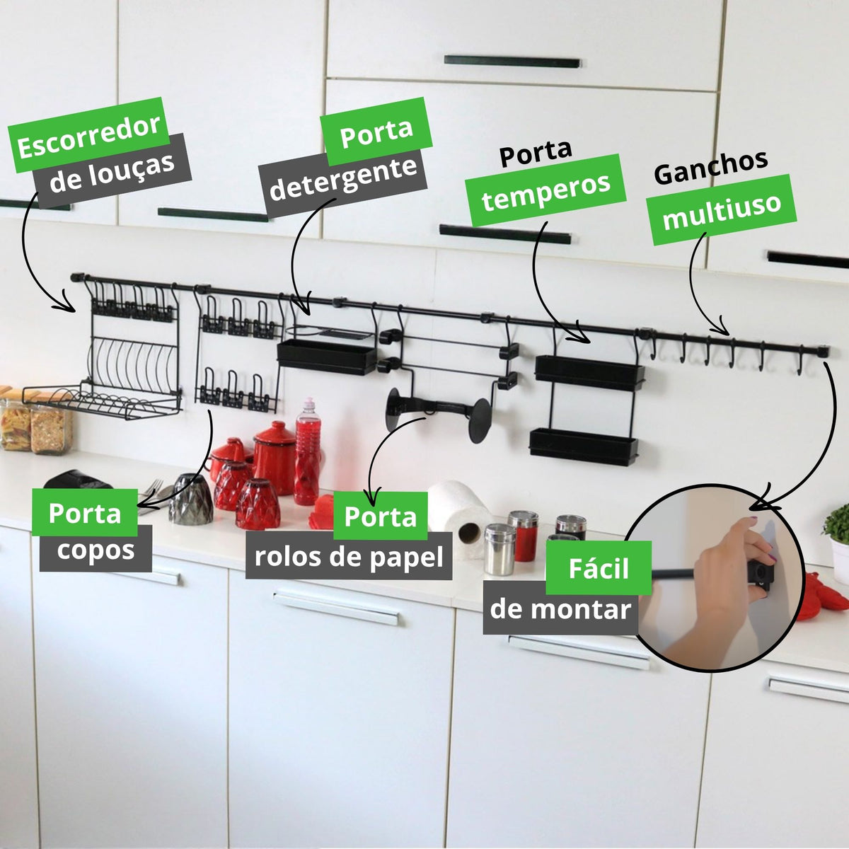 Kit Cozinha Suspensa Escorredor Louça de Parede Kit 14 Porta Copos Talheres Temperos Papel Toalha