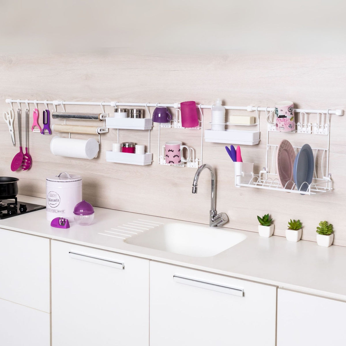 Kit Cozinha Suspensa Escorredor Louça de Parede Kit 14 Porta Copos Talheres Temperos Papel Toalha