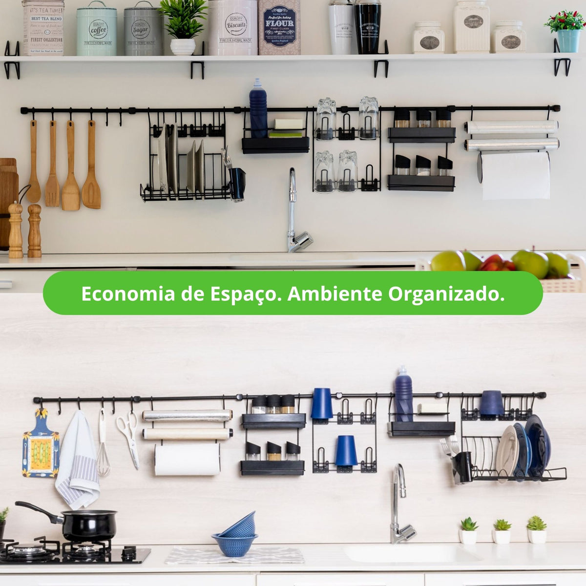 Kit Cozinha Suspensa Escorredor Louça de Parede Kit 14 Porta Copos Talheres Temperos Papel Toalha