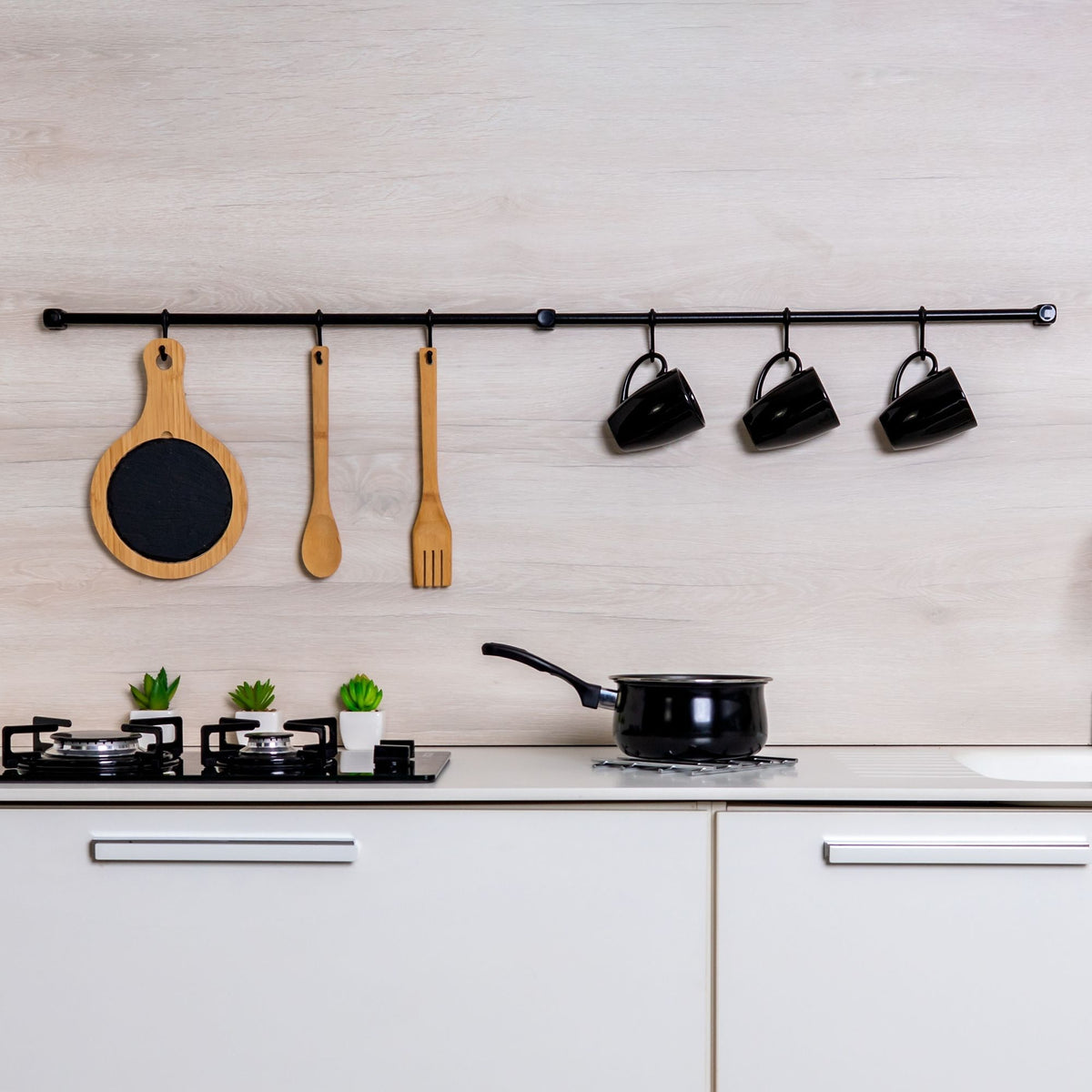 Kit Barra de Cozinha Suspensa 120 cm – Suporte de Parede com 12 Ganchos Multiuso