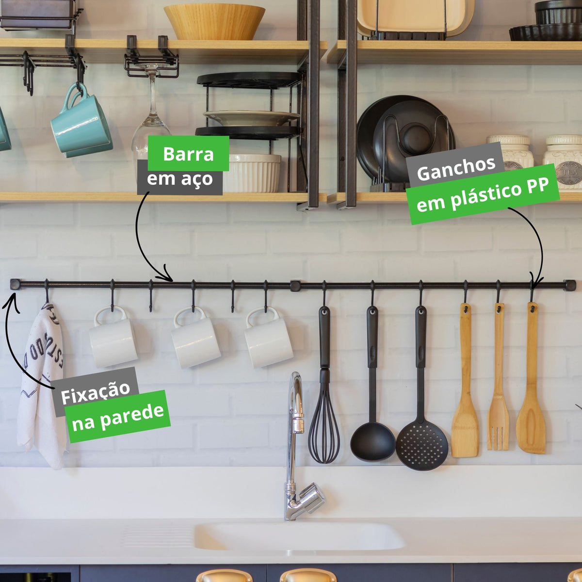Kit Barra de Cozinha Suspensa 120 cm – Suporte de Parede com 12 Ganchos Multiuso