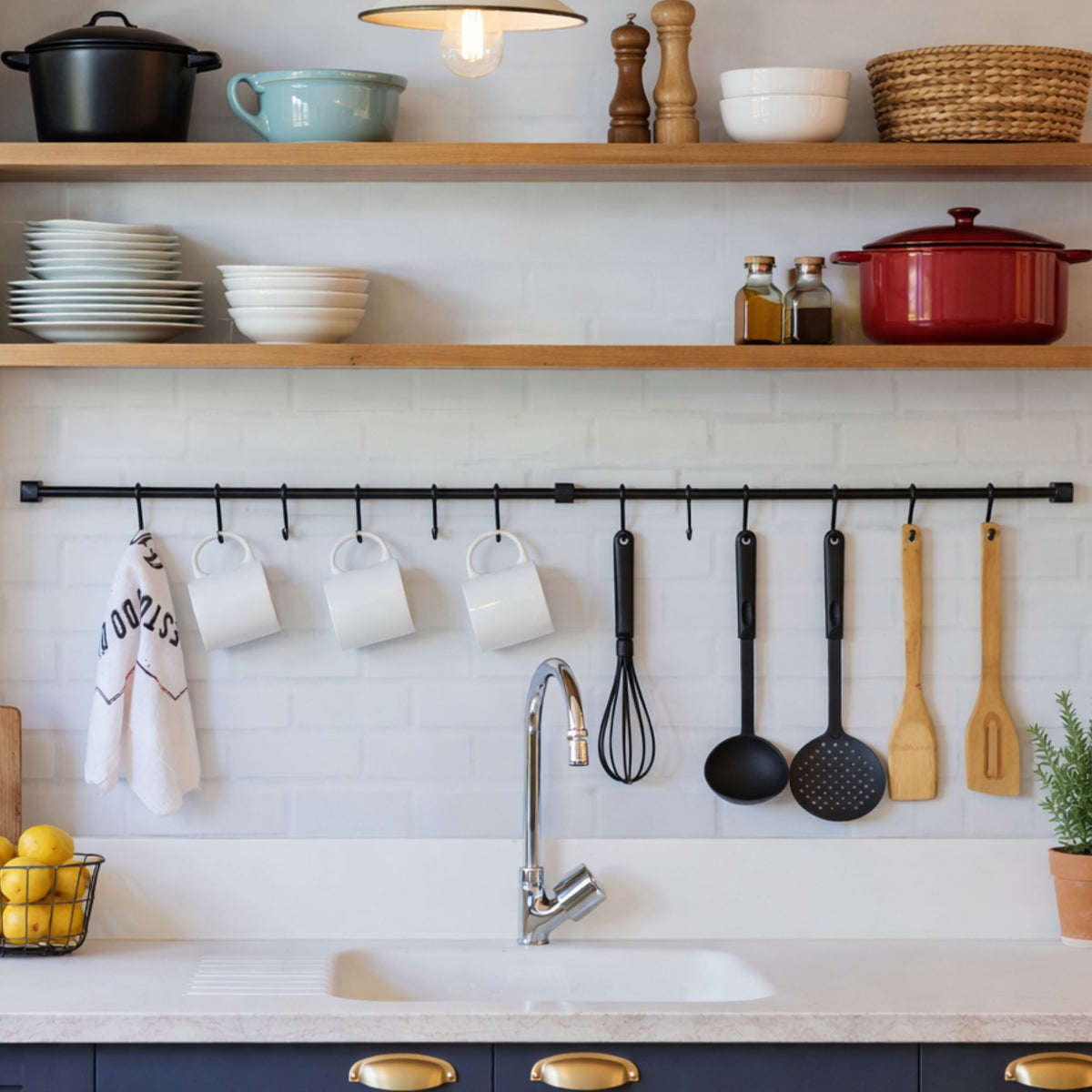Kit Barra de Cozinha Suspensa 120 cm – Suporte de Parede com 12 Ganchos Multiuso